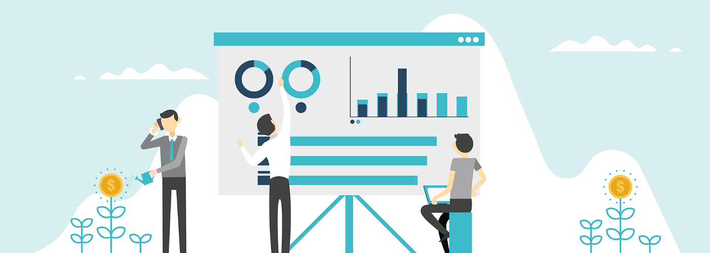 3 employees looking at a graph of their sales performance.