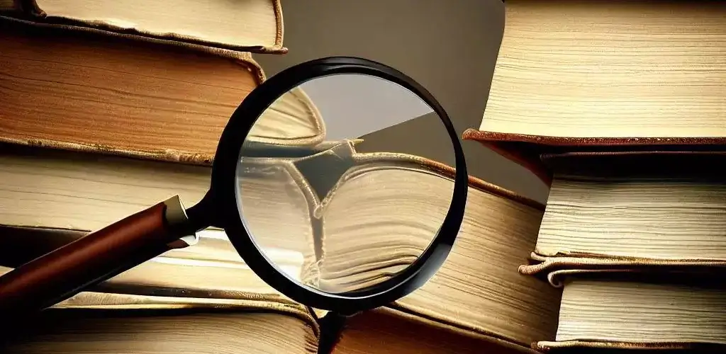 multiple books under a magnifying glass