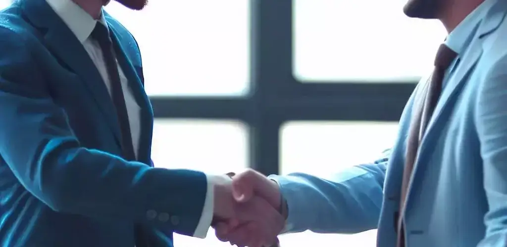 two business men negotiating and shaking hands.