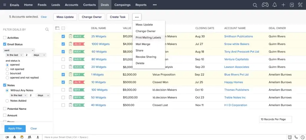 screenshot of Zoho CRM software