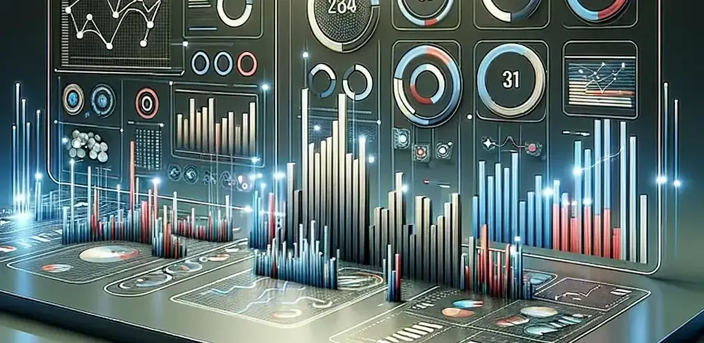 A modern sales dashboard illustration that exudes sophistication. Situated in a virtual, high-tech realm, it presents an array of SaaS metrics in an organized manner. The design primarily employs muted tones, but strategically placed vibrant colors highlight essential metrics. Ambient lighting plays a significant role, subtly accentuating the contours and depth of the dashboard.