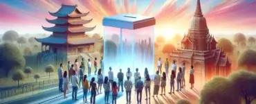 Photo of a vibrant, digital landscape featuring a diverse group of individuals of different genders and ethnicities united around a large, transparent donation box. The scene includes a blend of traditional and modern architectural structures, symbolizing a unity of past and future. The sky transitions beautifully from the soft pinks and oranges of dawn to the bright blue of daylight, creating a dynamic and hopeful atmosphere.