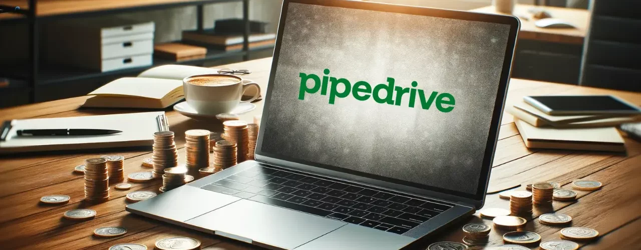 a laptop surrounded by money with the pipedrive crm logo displayed