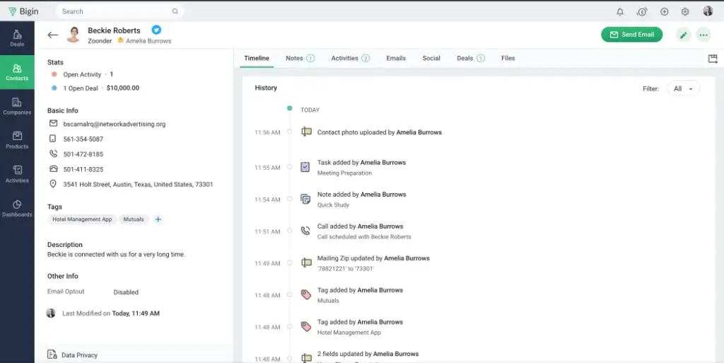 Bigin By Zoho Interface