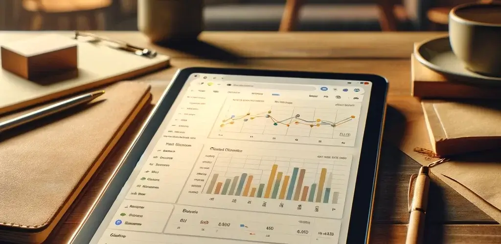 Close up of a digital tablet on a wooden desk showing a detailed google sheets dashboard.