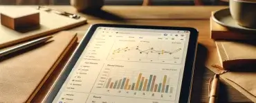 Close up of a digital tablet on a wooden desk showing a detailed google sheets dashboard.