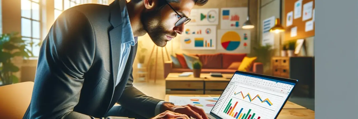 A small business owner in an office setting is intently analyzing financial charts on a laptop displaying Google Sheets.