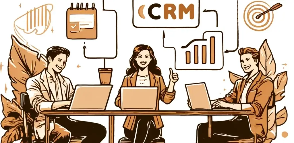 Hand-drawn style illustration of a business team using CRM software.